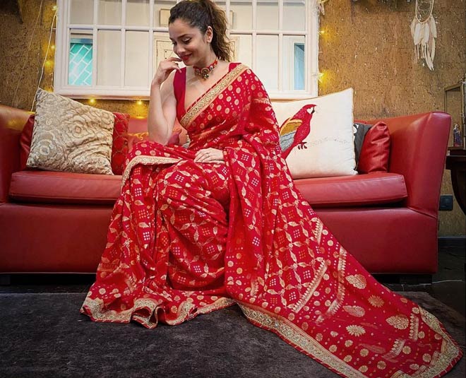 ankita lokhande red saree look
