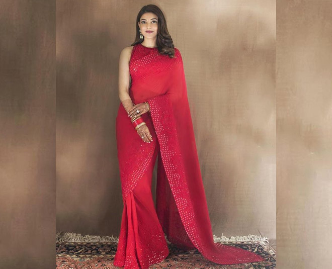 kajal aggarwal red saree look