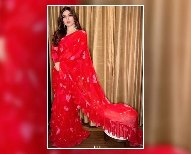 रेड कलर फ्रिल साड़ी red saree