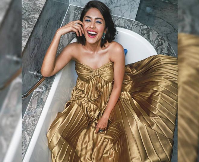 night party gown outfit look  of mrunal thakur  inside 