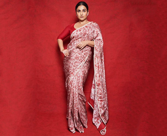 vidya balan office saree ideas red printed