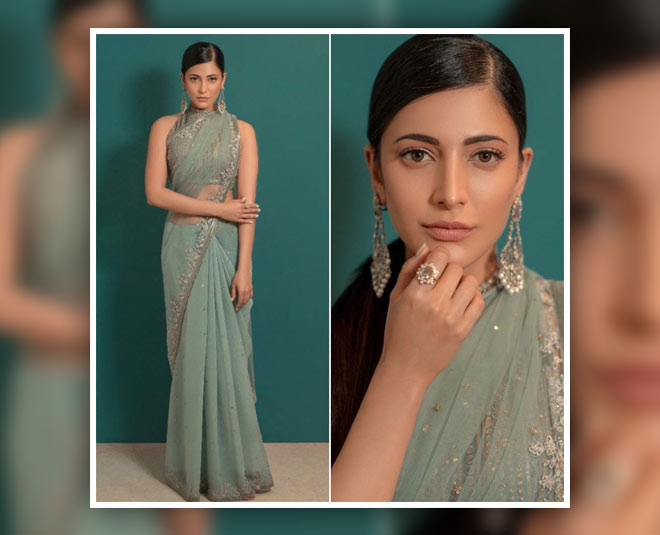 shruti haasan in fashionable saree