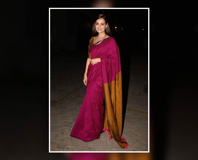 dia mirza stylish maroon saree