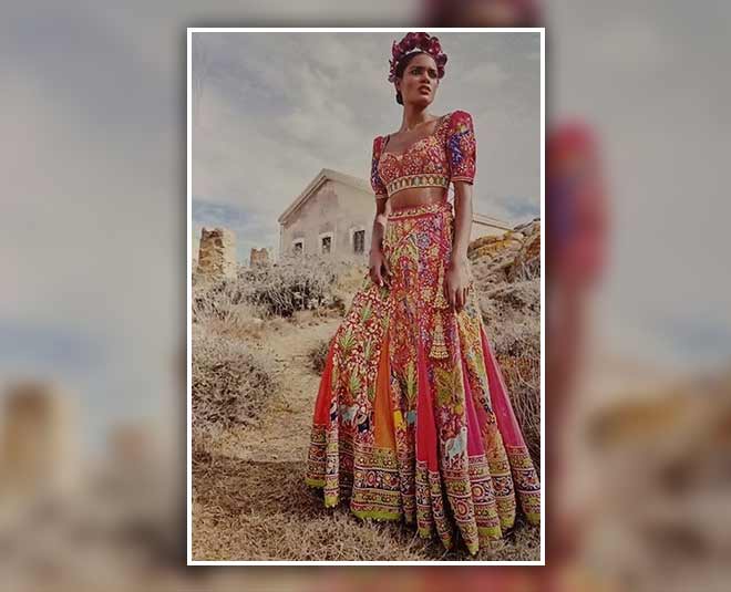 डिजाइनर मल्टीकलर लहंगा लुक- multicolor lehenga abu jani sandeep khosla