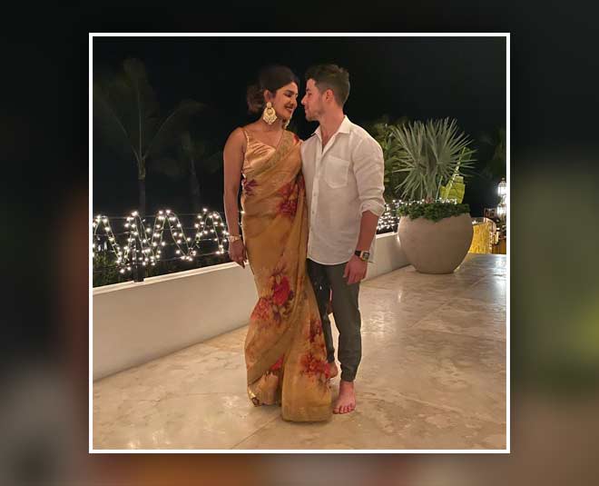 priyanka chopra chiffon saree nick jonas