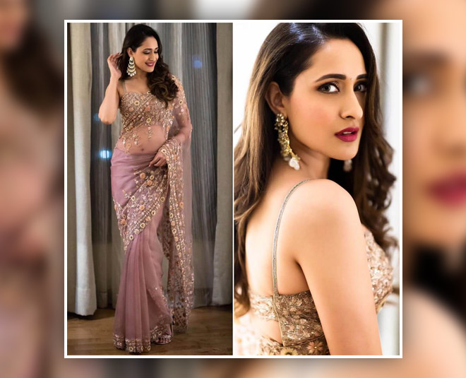 while wearing net saree inside 