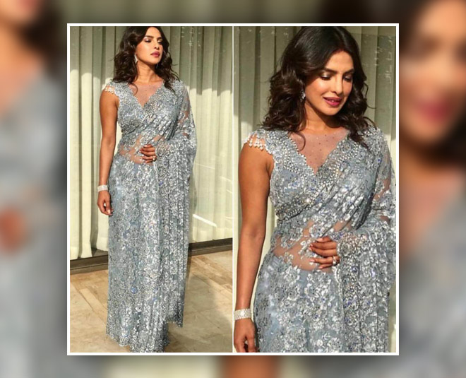 while wearing net saree inside 