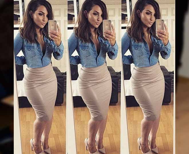 Denim shirt store with pencil skirt