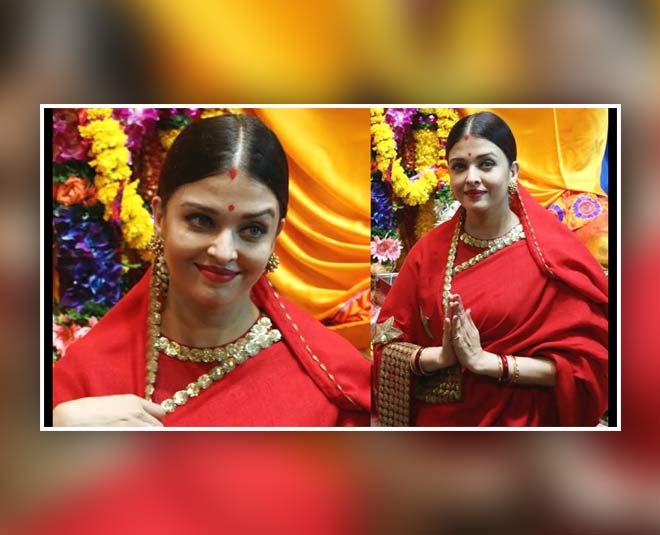 प्लेन रेड साड़ी- aishwarya ganpati visarjan