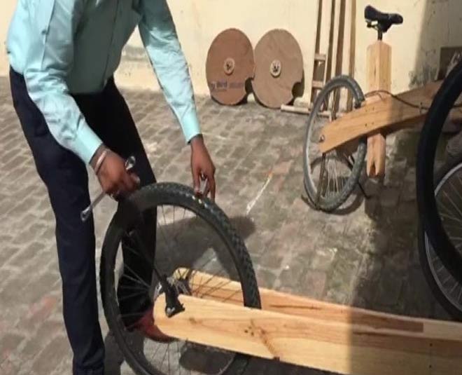 made a wooden bicycle inside 