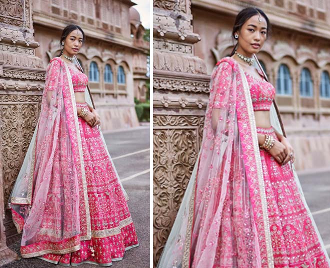 Photo of Bride in off white bridal lehenga with pink dupatta