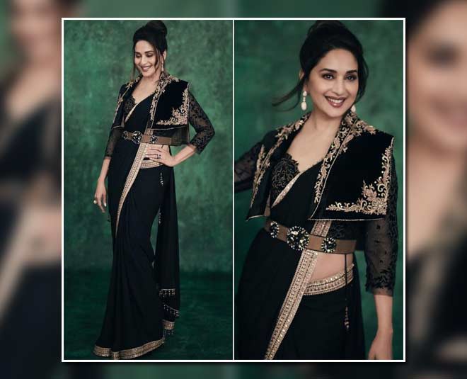 बेल्ट साड़ी विद केप madhuri dixit black cape saree latest look