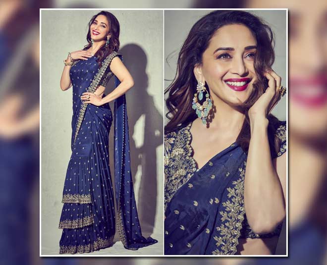 रफल साड़ी madhuri dixit blue ruffel saree latest look