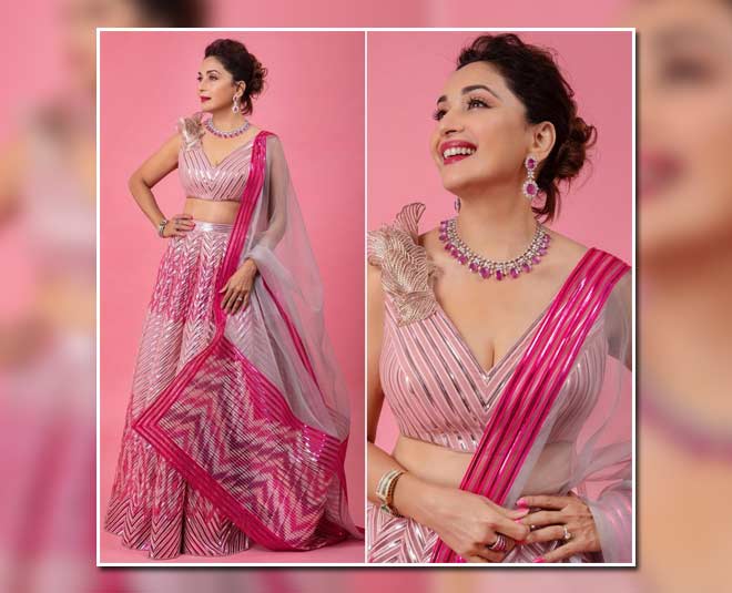 मैटेलिक पिंक लहंगा madhuri dixit pink lehenga latest look