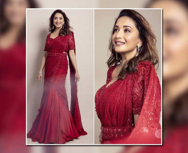 कस्टमाइज रेड साड़ी madhuri dixit red saree latest look