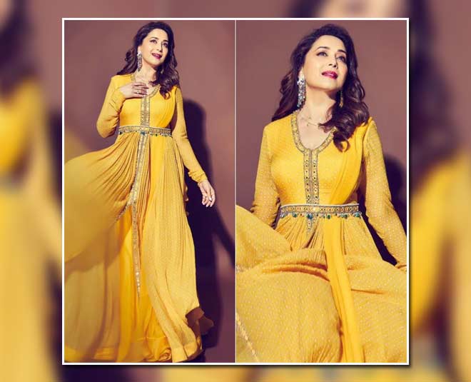 अनारकली विद बेल्ट madhuri dixit yellow anarkali latest look