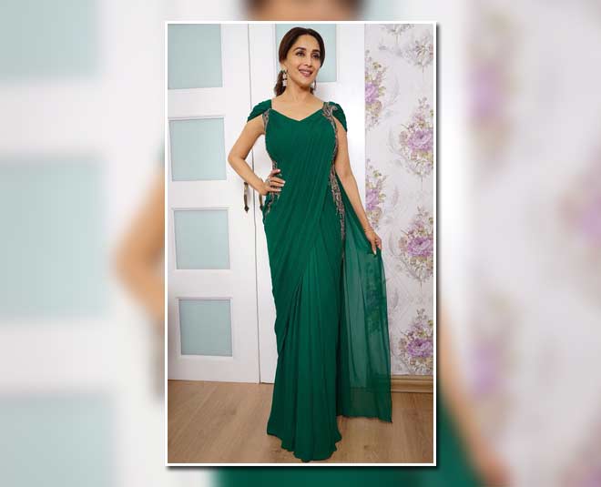 गाउन साड़ी madhuri green saree