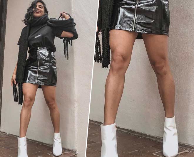  White boots with black jacket look