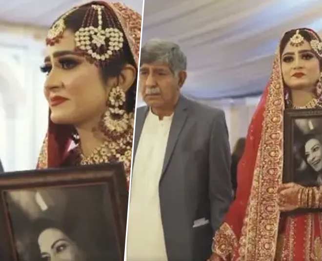 bride with photo of mother