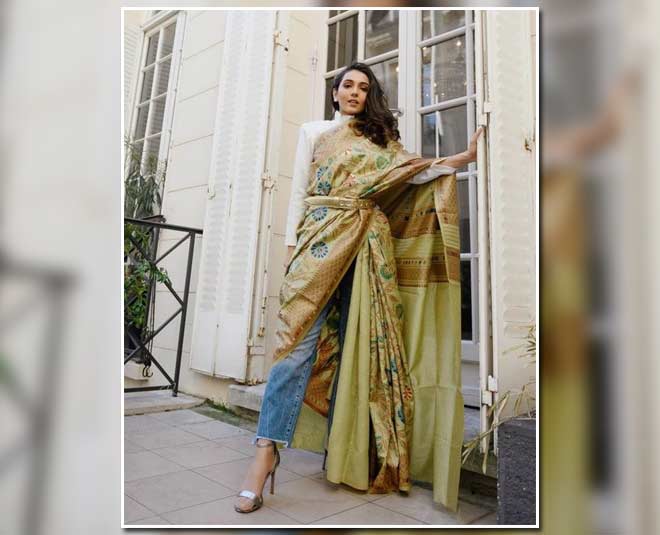 drape  saree  on  denim  easy  steps