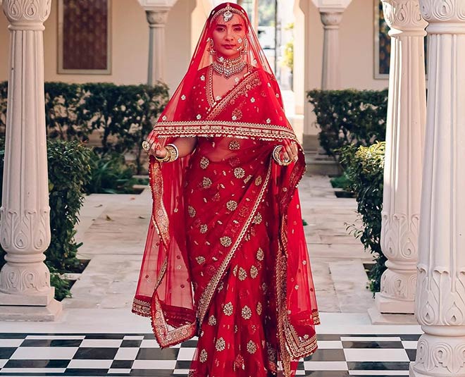 Red saree store wedding look