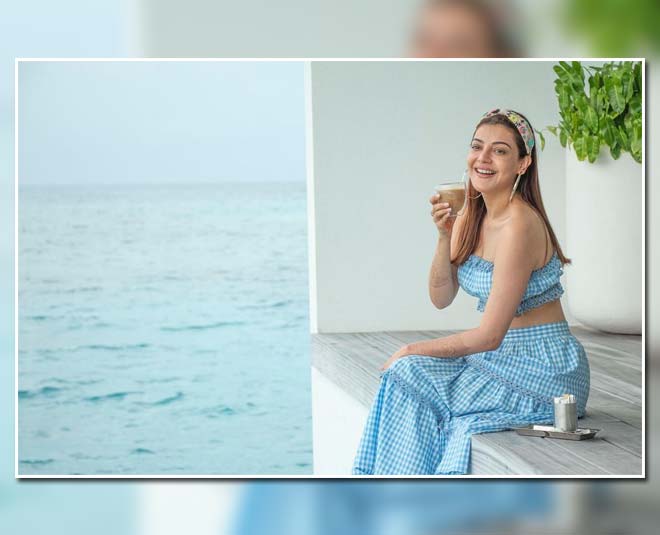 ब्लू एंड व्हॉइट चेक ड्रेस kajal aggarwal dress