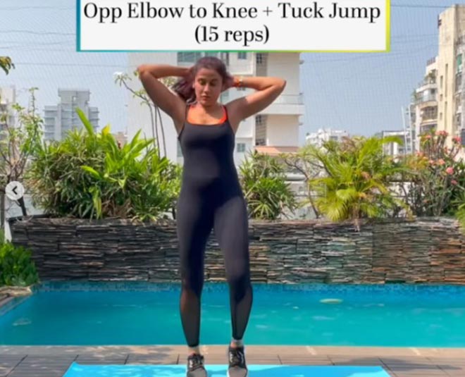 Opposite Elbow to Knee + Tuck Jump 