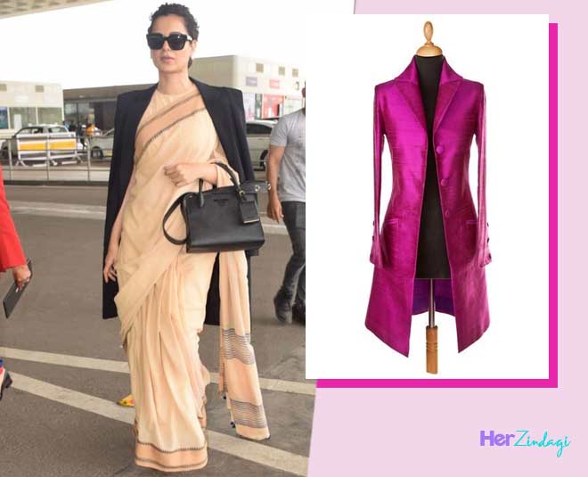 Kangana pairs her Rs.600 cotton saree with a trench coat