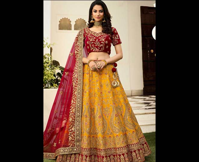 creamy mustard and solid red lehenga
