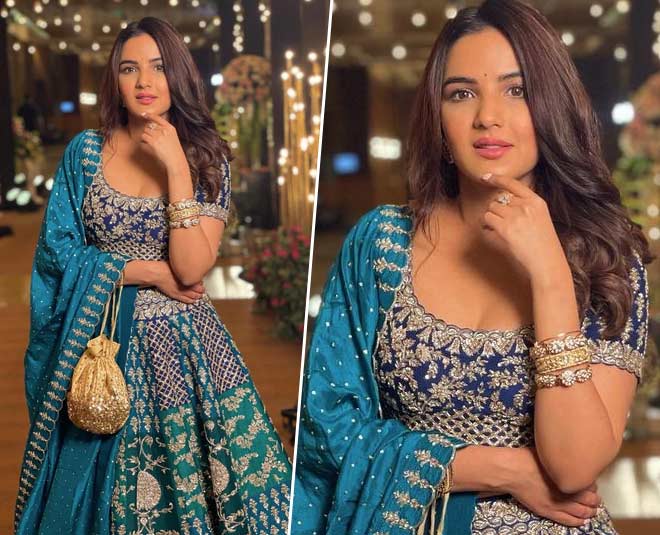jasmin bhasin in deep blue embroidery lehenga