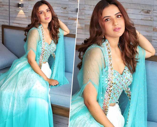 jasmin bhasin in pastel blue lehenga