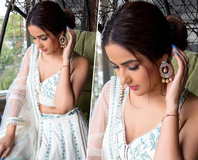 jasmin bhasin in powder blue lehenga