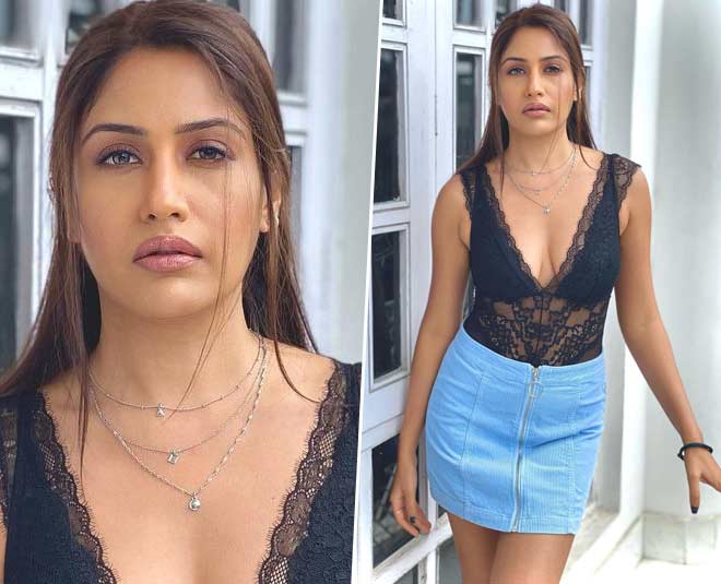 surbhi chandna in gorgeous black top and denim skirt