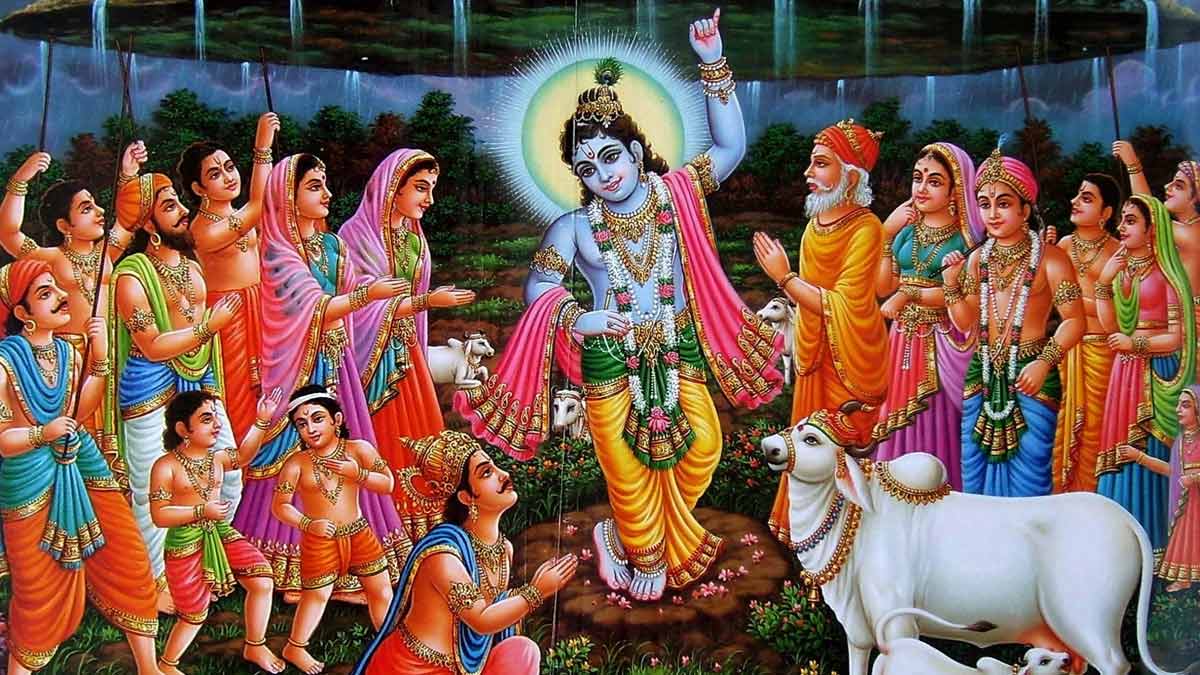 श्री कृष्ण ने ग्रामवासियों को बचाने के लिए कौन सा पर्वत अपनी कनिष्ठा उंगली में उठाया था ? lord krishna with govardhan parvat