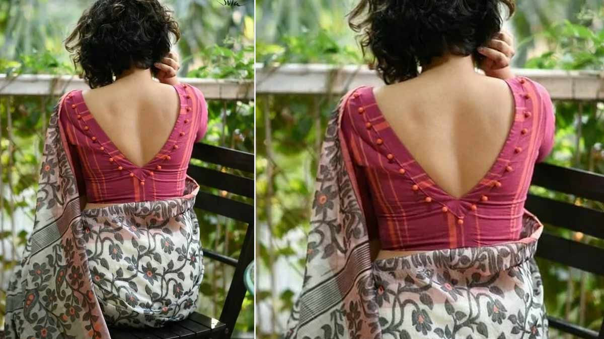 pom pom v neck blouse design