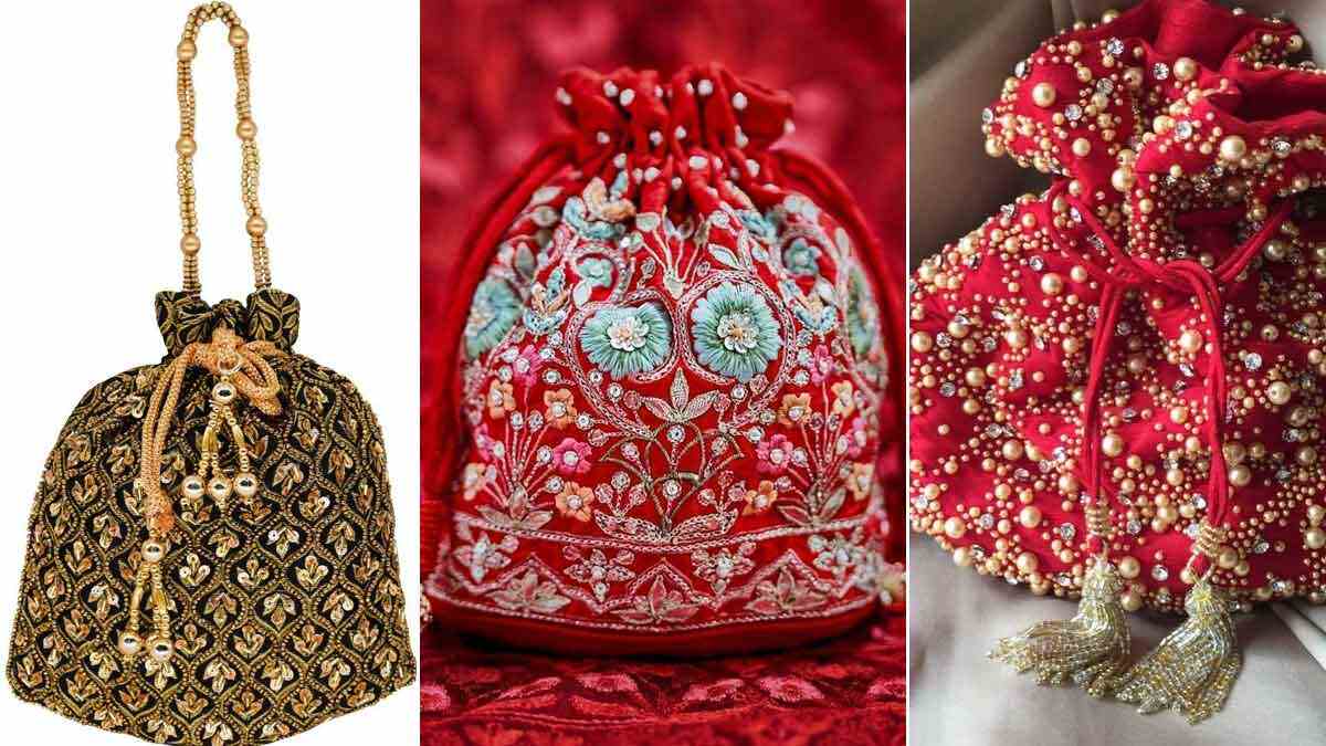 GOLDGIFTIDEAS Golden Floral Design Potli Bags for Ladies, Wedding Return  Gifts, Shagun Potli Pouches (Set of 5)