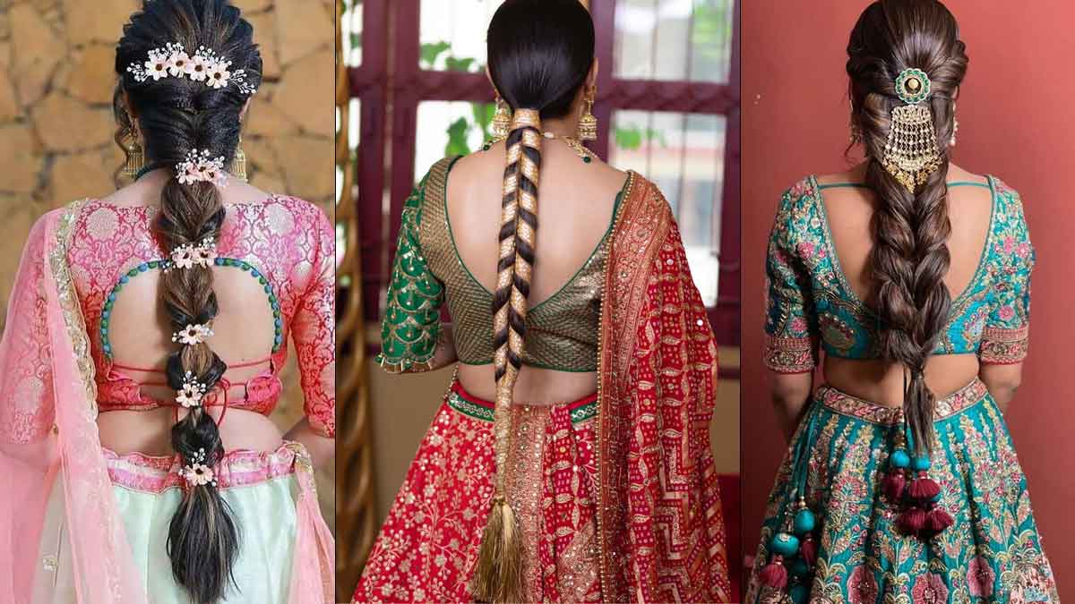 hairstyle with lehenga wedding | hairstyle with lehenga choli | hairstyle  with lehenga low buns | Lehenga hairstyles, Open hairstyles, Indian wedding  hairstyles