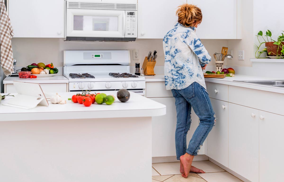 wearing slippers in kitchen
