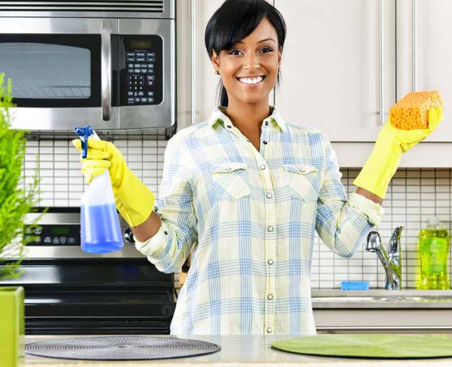 cleaning the kitchen