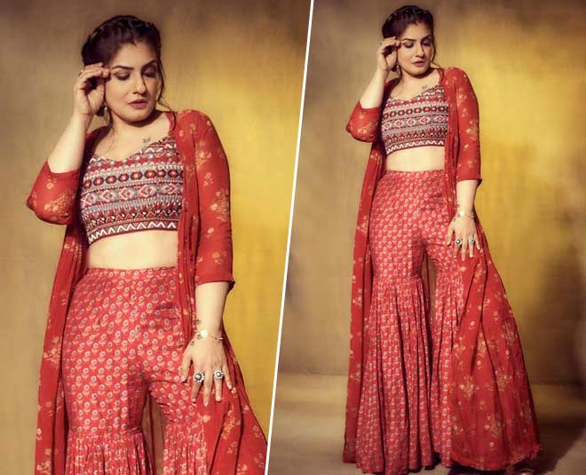 raveena tandon red look