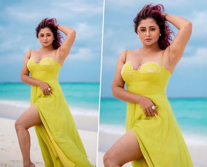 thigh high slit dress rashami desai