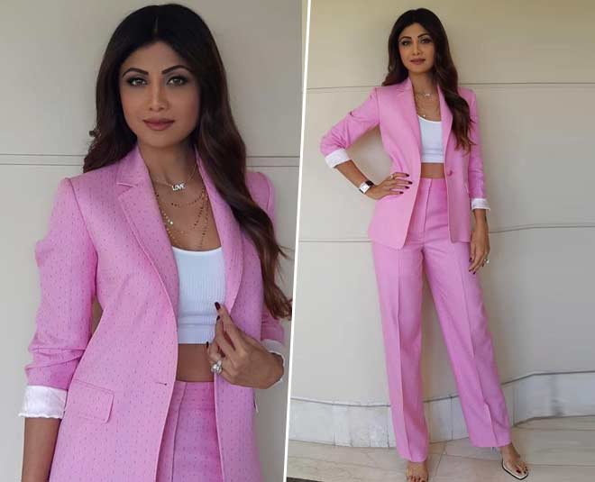 पिंक पैंट सूट लुक pink pant suit look of shilpa shetty