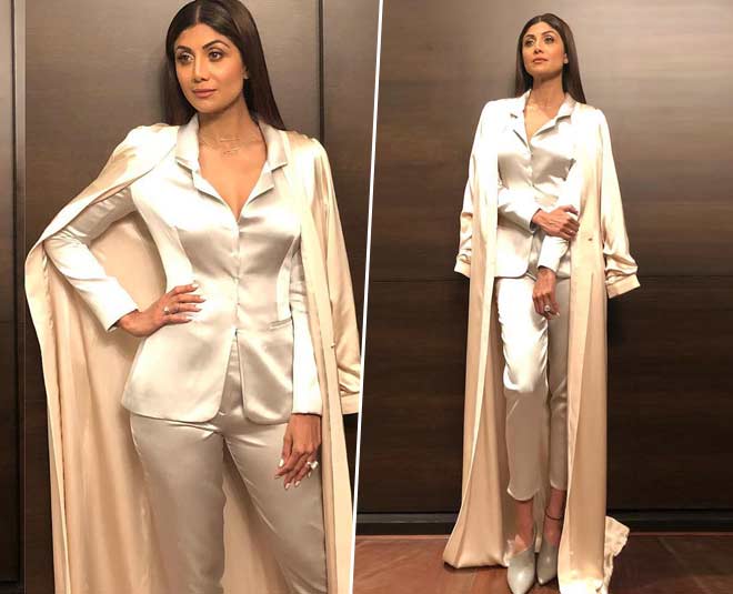साटिन पैंट सूट लुक satin pant suit look of shilpa shetty