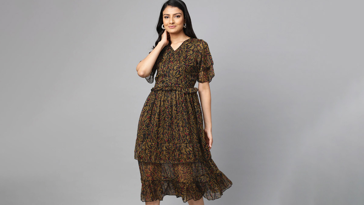 Black & Olive Brown Floral Print Tiered Wrap Dress
