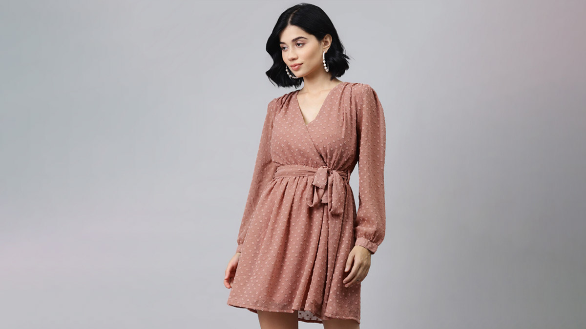 Rose Self Design Dobby Weave Wrap Dress