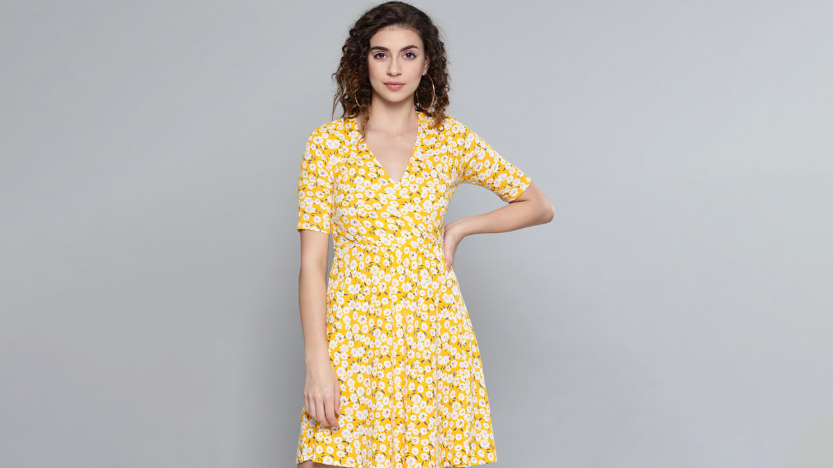 Yellow & Off White Floral Printed Wrap Dress