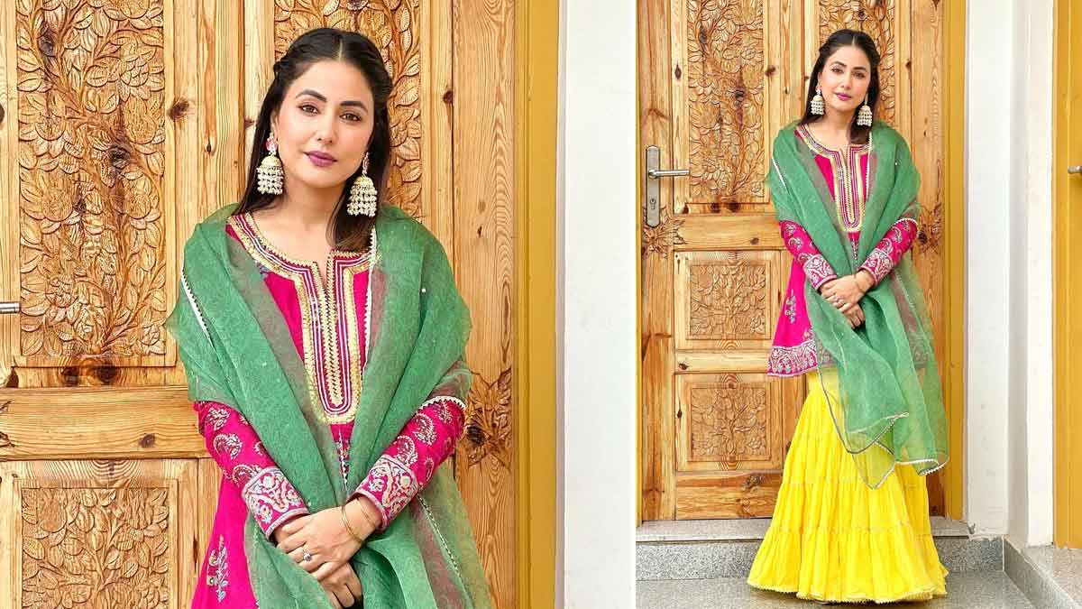three colour sharara suit hina khan
