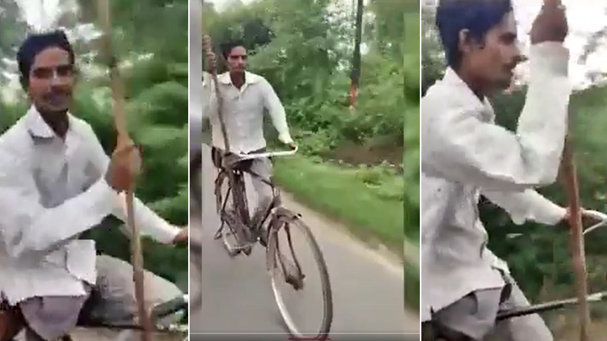 viral video one leg person riding bicycle