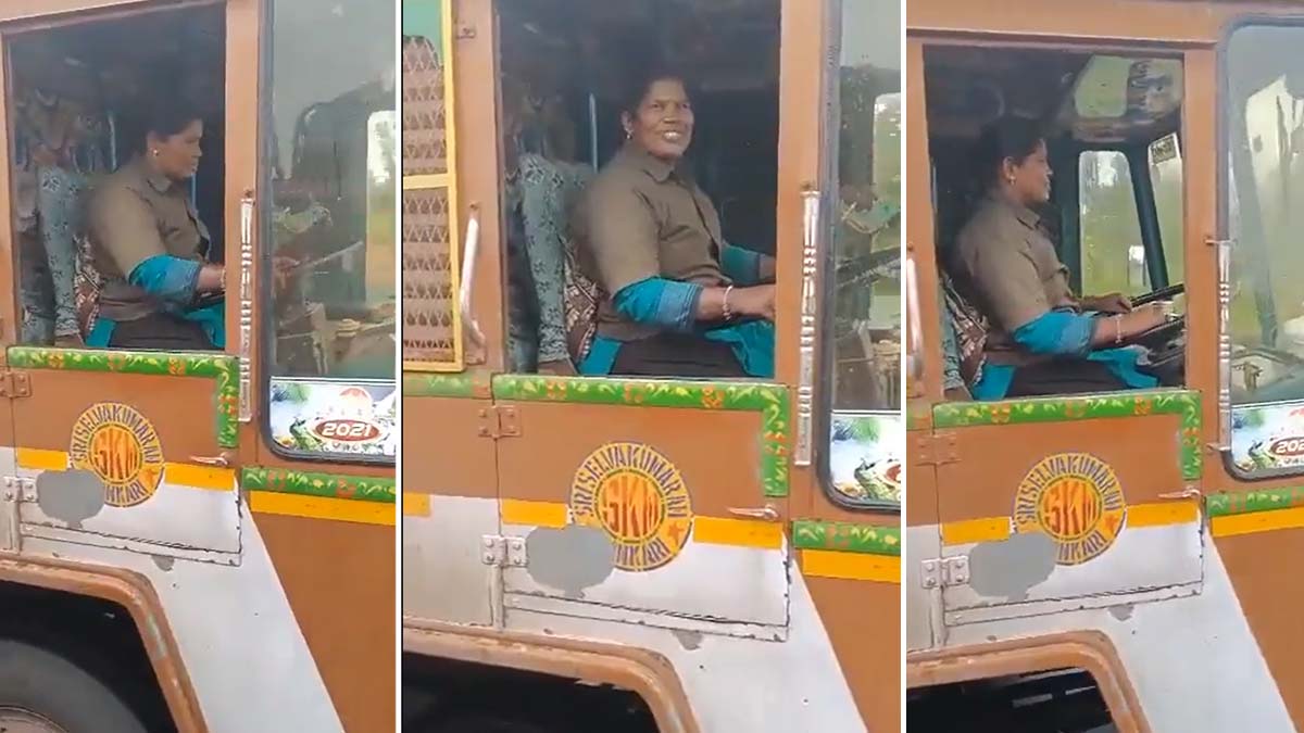 woman drives truck with smiling face