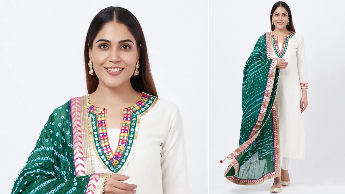 ग्रीन दुपट्टा Green dupatta with white kurti